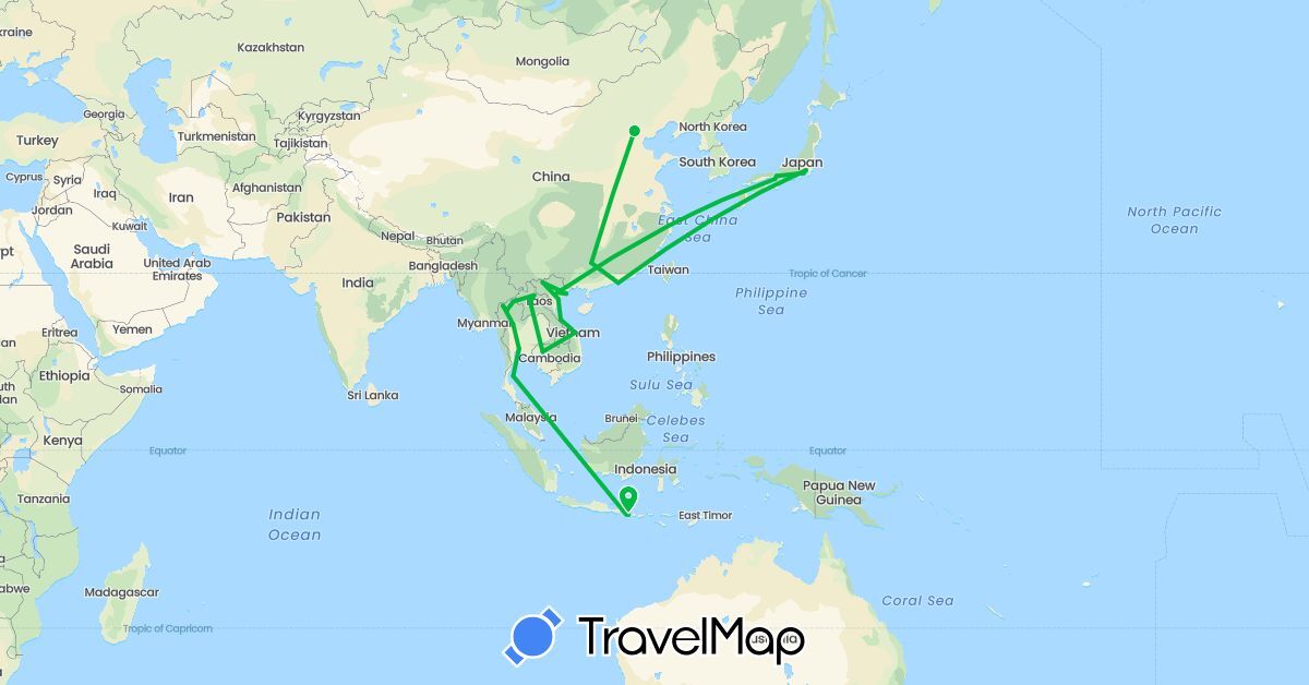 TravelMap itinerary: driving, bus in China, Indonesia, Japan, Cambodia, Laos, Thailand, Vietnam (Asia)